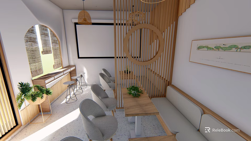 Cozy Café Interior With Wooden Slat Partition Circular Decor And Sofa Booth Seating 3d model 