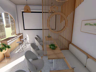 Cozy Café Interior With Wooden Slat Partition Circular Decor And Sofa Booth Seating 3d model