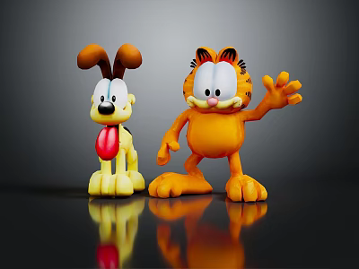 Orange Garfield Waving Hand And Yellow Dog Toy Figures With Tongue Out On Dark Surface 3d model