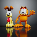 Orange Garfield Waving Hand And Yellow Dog Toy Figures With Tongue Out On Dark Surface