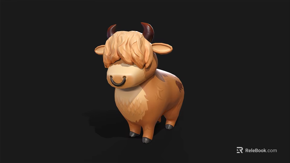 Cute Cartoon Highland Cow Figurine With Fluffy Brown Mane And Black Horns 3d model 