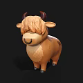 Cute Cartoon Highland Cow Figurine With Fluffy Brown Mane And Black Horns