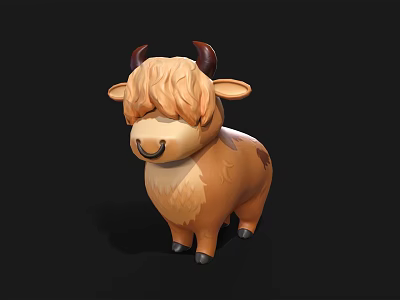 Cute Cartoon Highland Cow Figurine With Fluffy Brown Mane And Black Horns 3d model