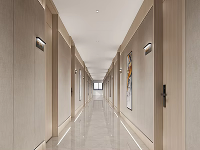 Elegant Modern Hotel Corridor With Long Walls Decorative Paintings And Polished Floor 3d model