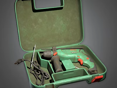 Green Toolbox Interior With Drill And Tools Organized In Open Case 3d model