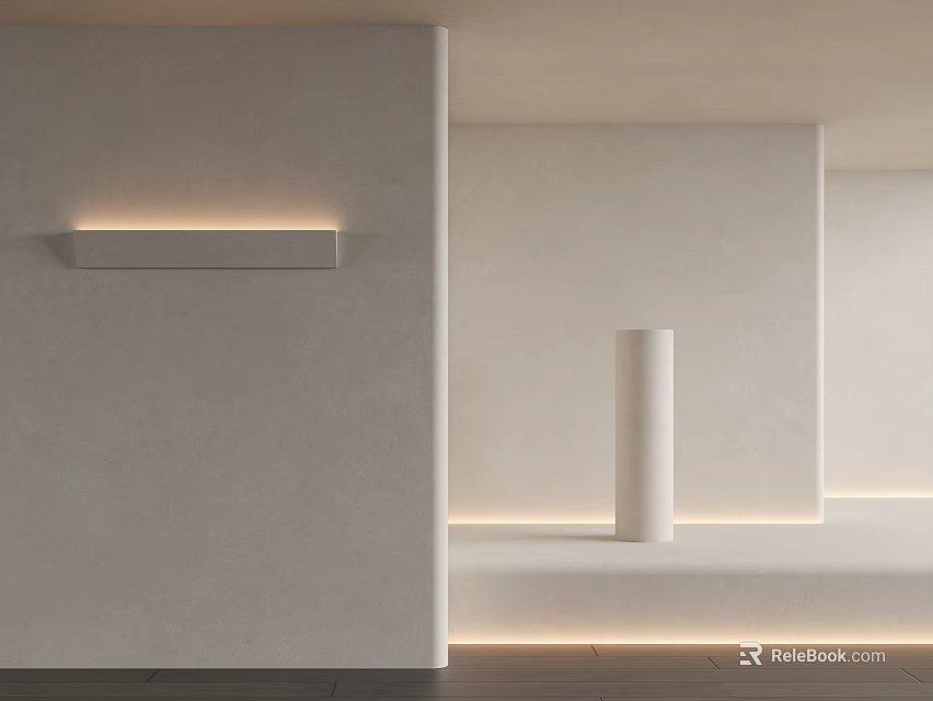 Minimalist Modern White Wall with Built-in Rectangular Light Cylindrical Column and Floor LED Strip Lighting 3d model 