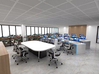 Modern Monitoring Room Interior Design With Multiple Workstations And Computer Monitors 3d model