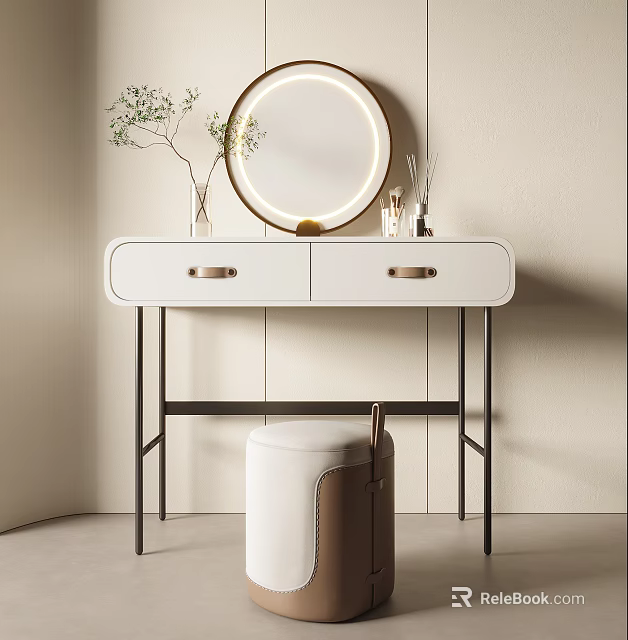 Modern White Dressing Table With Gold Handle Drawers Round LED Mirror And Decorative Stool 3d model 