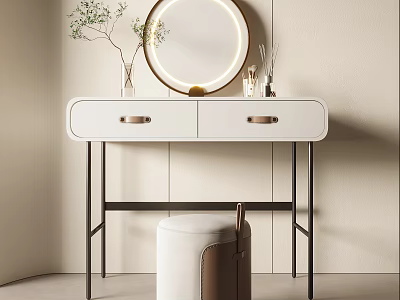 Modern White Dressing Table With Gold Handle Drawers Round LED Mirror And Decorative Stool 3d model