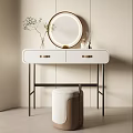 Modern White Dressing Table With Gold Handle Drawers Round LED Mirror And Decorative Stool