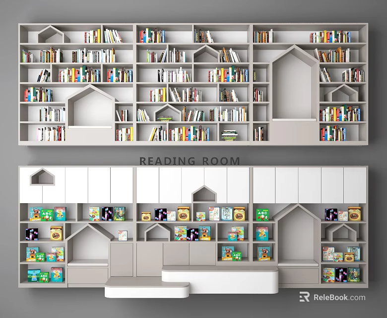 Modern Reading Room Bookshelf With Multi Layer Shelves And Decorative Storage Niches 3d model 