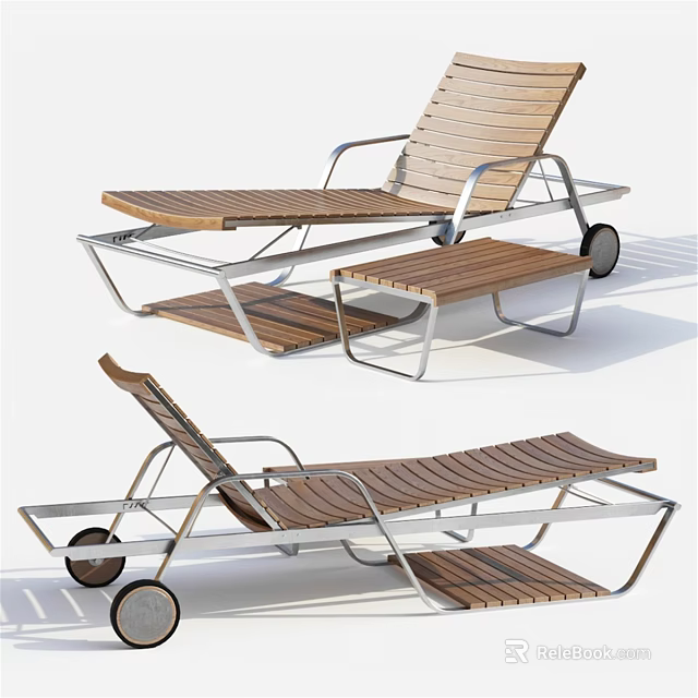 Modern Outdoor Lounge Chair With Wooden Slats Metal Frame Wheels And Footrest 3d model 