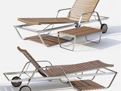 Modern Outdoor Lounge Chair With Wooden Slats Metal Frame Wheels And Footrest 3d model