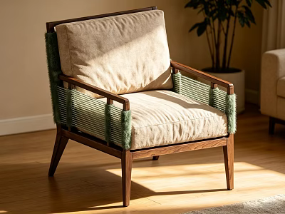 Stylish Solid Wood Armchair With Woven Detail And Soft Beige Cushion For Cozy Living Room 3d model