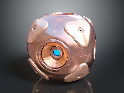 Cosmic Orbital Probe Featuring Metallic Spherical Body And Blue Core Surface Panels 3d model