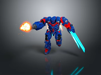 Blue And Red Robot Character Running With Flame And Blue Sword In Motion 3d model