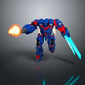Blue And Red Robot Character Running With Flame And Blue Sword In Motion