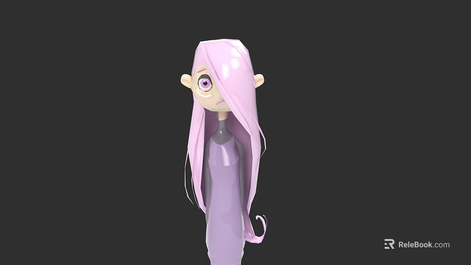 3D Rendered Woman With Pink Long Hair Purple Dress Big Eyes On Black Background 3d model 