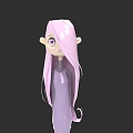 3D Rendered Woman With Pink Long Hair Purple Dress Big Eyes On Black Background
