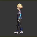 3D Blonde Haired Character In Purple Shirt Blue Sleeves Black Pants White Sneakers Standing Pose