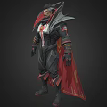 Man In Black And Red Outfit With Red Cape Gold Accents And Chest Emblem