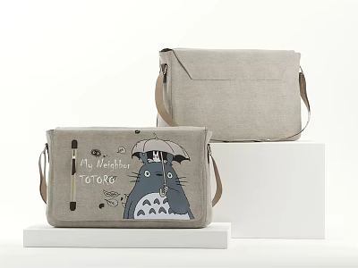 Cute Totoro Cartoon Print Canvas Messenger Bags With Solid Color Design 3d model