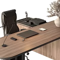 Minimalist Wooden Desk And Chair Set With Black Office Chair And Table Lamp
