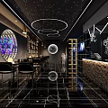 Modern Bar Interior With Black White Decor Circular Ceiling Lights And Art