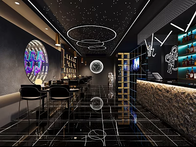 Modern Bar Interior With Black White Decor Circular Ceiling Lights And Art 3d model