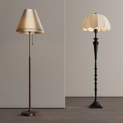 Beige And Black Floor Lamps With Fabric Shades And Decorative Stands 3d model