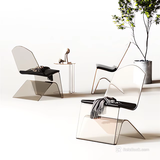 Minimalist Acrylic Leisure Chairs With Black Cushions Side Table And Potted Plant 3d model 