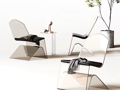 Minimalist Acrylic Leisure Chairs With Black Cushions Side Table And Potted Plant 3d model