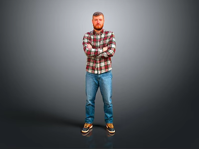 Man In Plaid Shirt Jeans And Sneakers Standing With Crossed Arms On Gray Background 3d model
