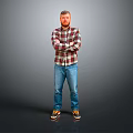 Man In Plaid Shirt Jeans And Sneakers Standing With Crossed Arms On Gray Background