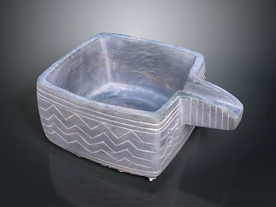 Square Stone Container With Zigzag Pattern And Textured Handle Surface 3d model