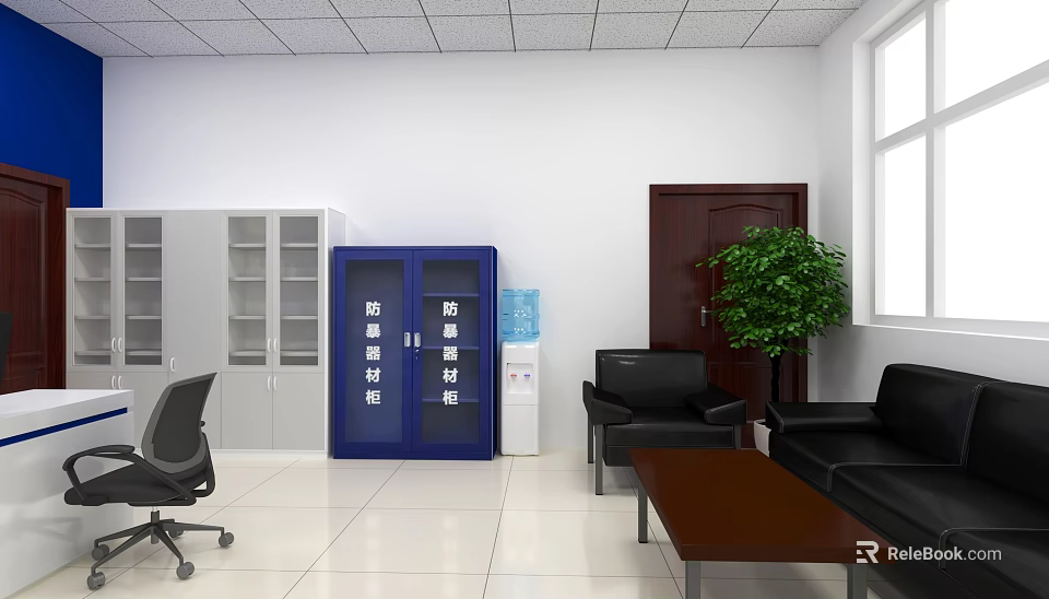 Modern Service Hall Interior With Blue Filing Cabinets Gray Storage Black Sofas And Green Plant 3d model 