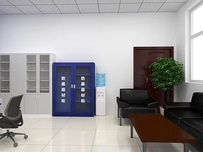 Modern Service Hall Interior With Blue Filing Cabinets Gray Storage Black Sofas And Green Plant 3d model