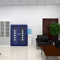 Modern Service Hall Interior With Blue Filing Cabinets Gray Storage Black Sofas And Green Plant