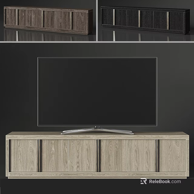 Modern Light Colored Oak Wood TV Stand With Black TV And Cabinet Doors 3d model 