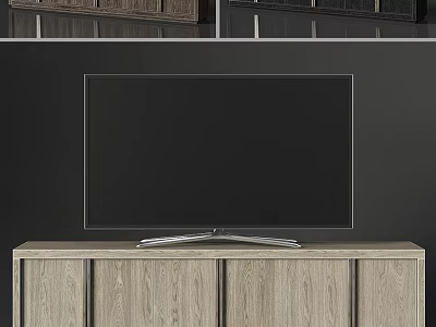 Modern Light Colored Oak Wood TV Stand With Black TV And Cabinet Doors 3d model