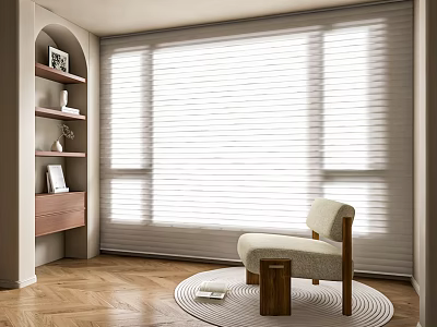 Elegant Home Balcony Design With Beige Accent Chair Wooden Stool Roller Blinds And Wooden Flooring 3d model