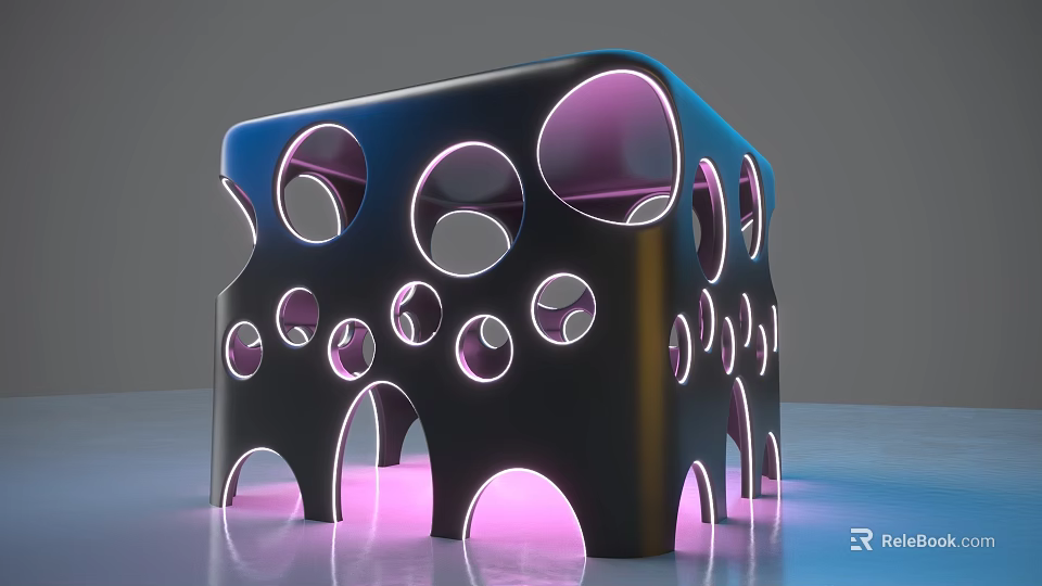 Modern Decorative Cube Structure With Multiple Circular Arched Holes And Purple Lighting 3d model
