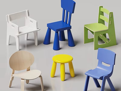 Multicolored Different Designed Children's Chairs With Backrest Armrest Sturdy Legs For Kids 3d model