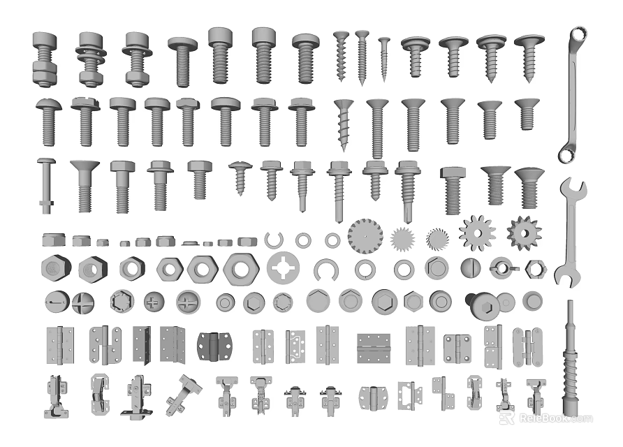 Essential Hardware Tools Set with Screws Nuts Wrenches Gears Bolts and Washers 3d model 