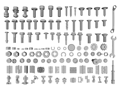 Essential Hardware Tools Set with Screws Nuts Wrenches Gears Bolts and Washers 3d model