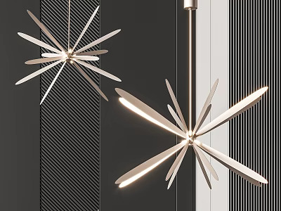 Modern Starburst Pendant Light With Metallic Arms And LED Glow Against Striped Background 3d model