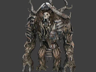 Fearsome Role Playing Monster Creature with Skull Head Multiple Horns and Bone Vines Covered Body 3d model
