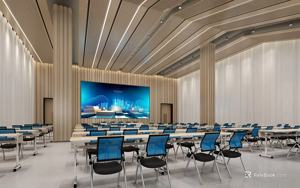 Modern Conference Room Interior With Large Screen Tables Chairs And Minimalist Design 3d model 