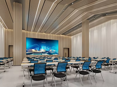 Modern Conference Room Interior With Large Screen Tables Chairs And Minimalist Design 3d model