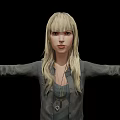 Blonde Woman With Arms Outstretched Wearing Black Jacket White Shorts Gray Boots Against Black Background